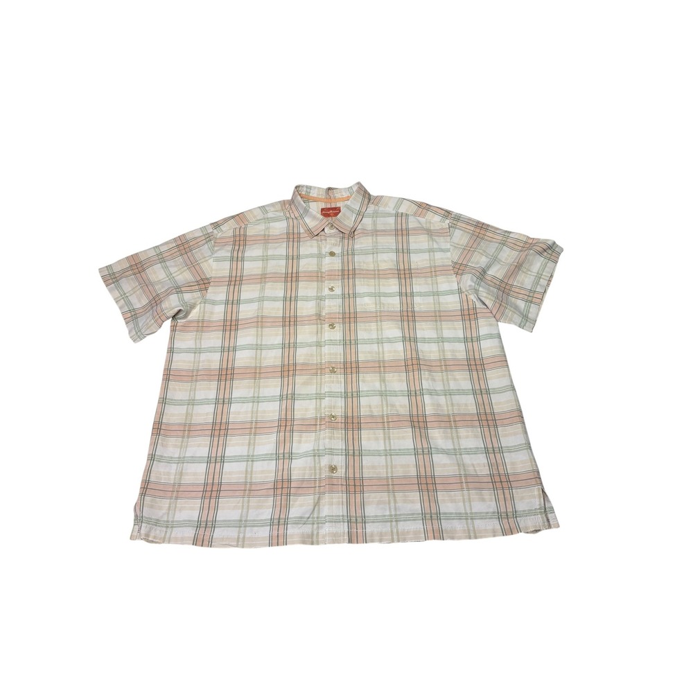Tommy Bahama Mens XXL Silk Cotton Plaid Short Sleeve Button Shirt Orange Green